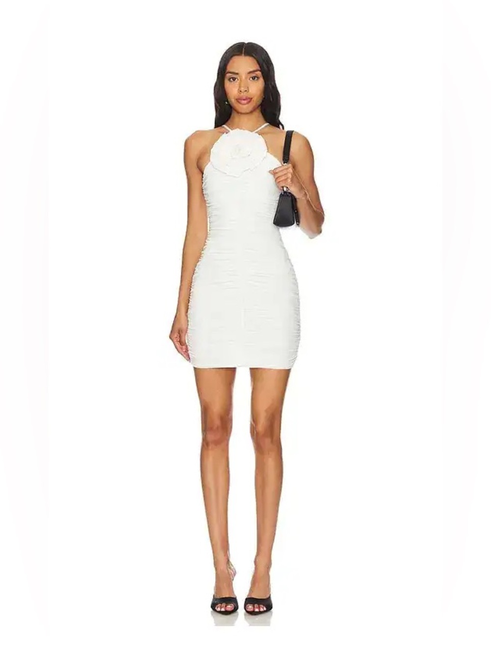 AFRM Mila Dress in Gardenia - White Ruched Mesh Halter Flower Bodycon
